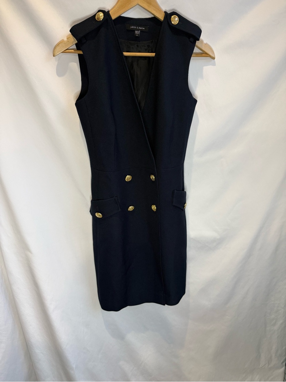 Judith & Charles Navy Sleeveless Belted Mini Dress with Gold Buttons